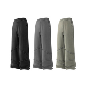 Pantalon droit pour homme en coton épais, taille mi-haute, coupe large, style rétro, délavé, avec coutures contrastées, tendance automne-hiver - Product Image 1
