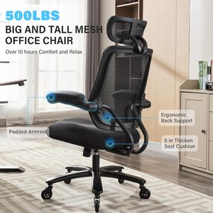 Heavy Duty 500lbs <b>Big</b> and Tall Mesh Office Chair, Ergonomic High Back with Headrest, Flip-up Armrests, Wide <b>Cushion</b>&Quiet Wheels - Product Image 4