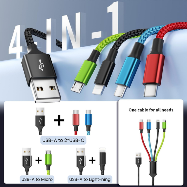 Professional PD Fast Tangle Free Braided, Home School Business, 4 in 1 Multi Port USB Power Cable