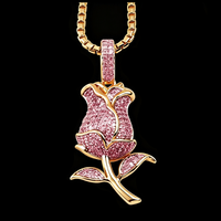 Hiphop bling bloemen statement sieraden cadeau tweekleurig volledig CZ diamant 3D roos bedel ijs-effect roos bloem hanger voor Valentijnsdag