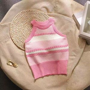 Top de Punto sin Mangas para Mujer ZY, Color Rosa y Blanco a Rayas, Corte Ajustado, Suave, Cuello Halter, Camisola para Usar por Dentro o por Fuera - Product Image 1