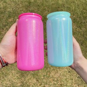Gobelet en verre holographique irisé scintillant de 16 oz avec couvercle en PP et pailles pour impression par transfert thermique - Product Image 4