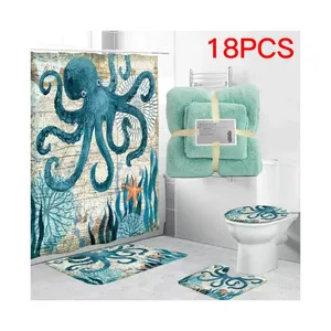 Penjualan terlaris tirai Shower gurita dekorasi kamar mandi pantai laut dengan 18 buah untuk rumah Hotel mandi Shower dapat dicuci mesin