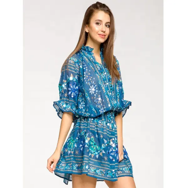 Traditional Rich Embellishments Sophisticated Embroideries Bright Summer Beach Women Dress Feminine Charm Standup Collar Tunic