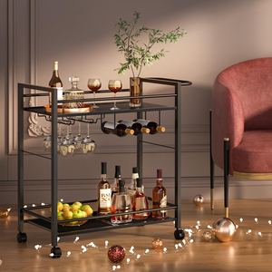 Commercial Grade Metal Bar <b>Cart</b> Multi Tier Storage & Wine Holder Black Steel Frame <b>Rolling</b> Trolley for Restaurants Bars Hotels - Product Image 5