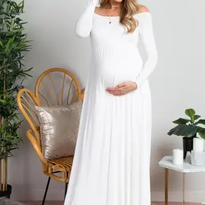 Maternity Clothes OEM Factory Women Pregnancy Clothes Wedding Dresses Solid White Off Shoulder Long Sleeve Maternity Maxi Dress