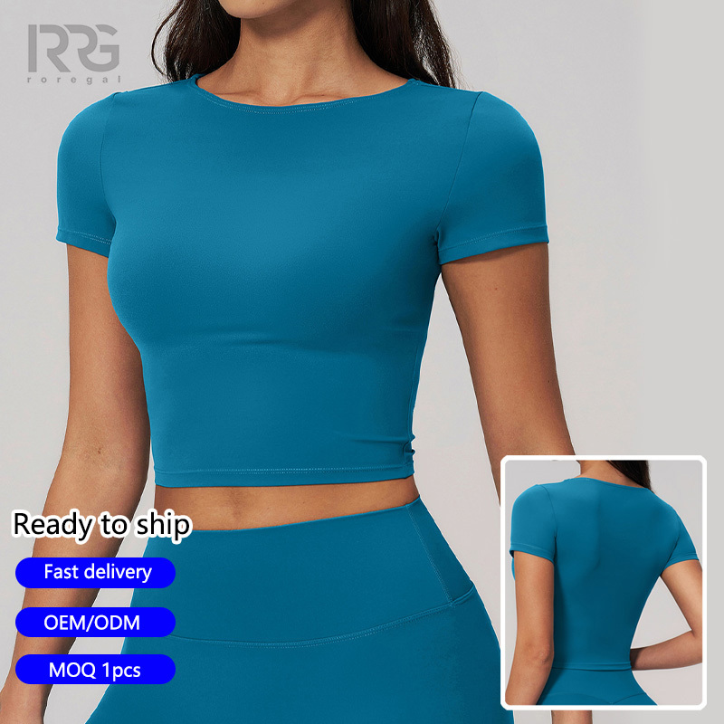 Roregal Custom Logo Brushed Breathable Short Sleeve Top Women's Fitness Gym Workout Cropped Yoga T-Shirt
