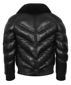 Custom 100% Genuine Black Nappa Leather Men’s Puffer <b>Jacket</b> With Black Fur Trim Private Label OEM/ODM Winter Statement Outerwear - Product Image 3