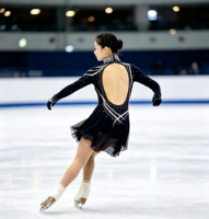 Robe de patinage artistique noire à col montant et manches longues en Spandex/Nylon, dos large ouvert, jupe ornée de strass, pour enfants, compétition sur glace