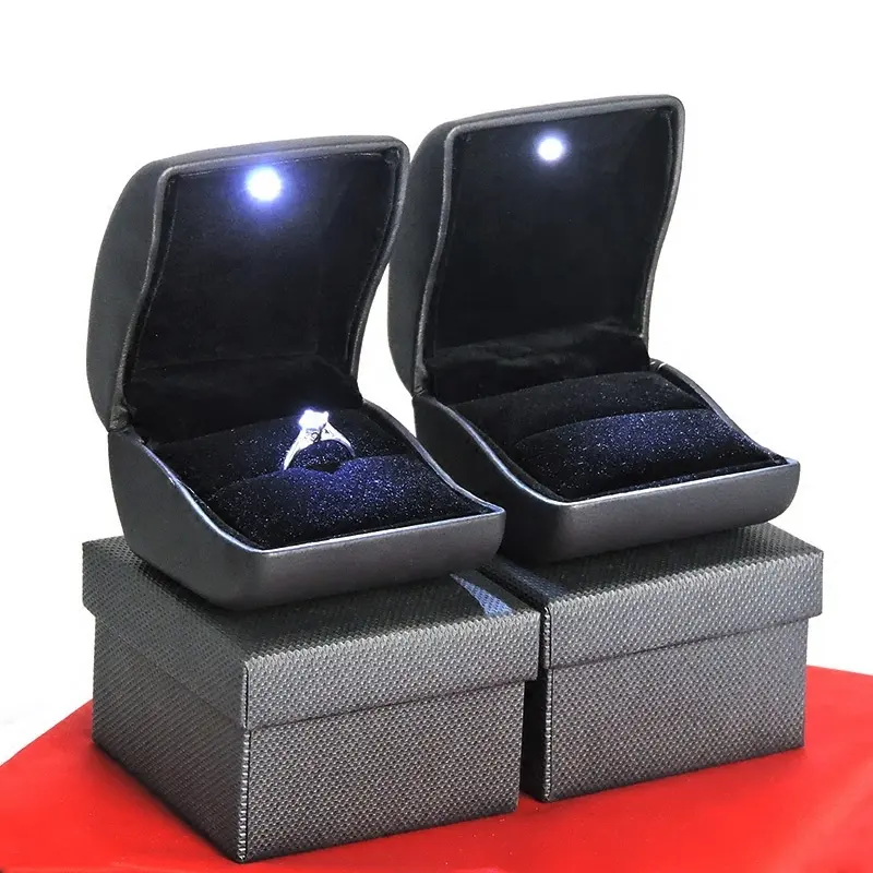 Caixa de anel de couro pu, caixa de anel de couro com luz led, caixa de anel de casamento, noivado, casamento, moeda, joia, caixa de presente