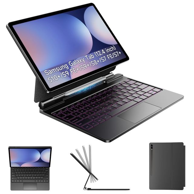 For 12.4" Imitation Leather Keyboard Case for for Tab S10/S9/S9 FE/S8/S7 Backlit Trackpad S Pen Holder Magnetic