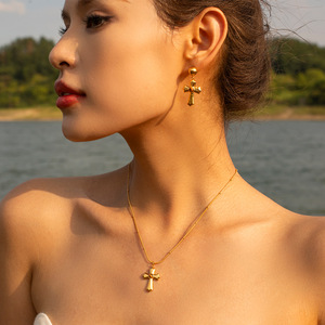Collar con Cruz de Aleación de Zinc, Colgante Geométrico con Engaste de Ojo de Tigre, Joyería de Moda - Product Image 3