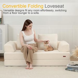 Canapé-lit <span class=keywords><strong>convertible</strong></span> en velours côtelé 2 places, matelas coussin de sol pliable avec oreillers, design sans armature pour salon et chambre - Product Image 3