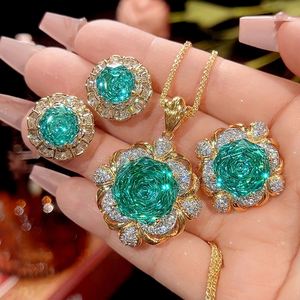 Elegance Fashion Eco-friendly Copper 16-14MM Green Zircon Gold Plated Floral Pendant <b>Earrings</b> Set Italian Jewelry Sets - Product Image 3