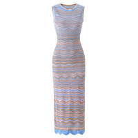 Robe Midi Tricotée Sans Manches à Rayures Ondulées Color Block, Col Rond Minimaliste, Style Tendance, Élégante pour Femme