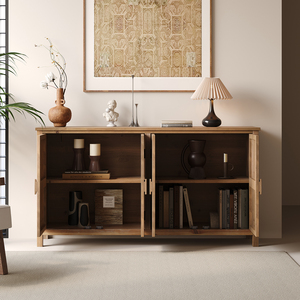 Mobiletto con accenti in legno, 60 pollici, 4 ante, marrone bianco antico, credenza moderna, mobiletto per TV/lettore multimediale - Product Image 5