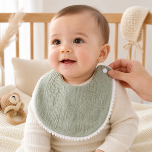 Kaiyue Cotton Gauze Baby Bib <strong>Double</strong> Layer Drool Bib With Pom Pom Trim Reversible Bandana Bibs Wholesale OEM ODM Supplier - Product Image 3