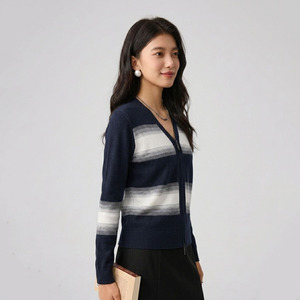 Fashionable 100% Wool Color-Block Stripe Knit <strong>Lightweight</strong> <strong>Cardigan</strong> Casual Long Sleeve Sweater <strong>for</strong> Spring <strong>Summer</strong> Daily Wear - Product Image 3