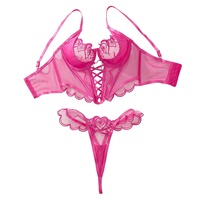 Set Lingerie Tipis Seksi Bordir Hati Pink Panas, Dapat Disesuaikan, 2 Potong, Korset Renda, Bra Jala Transparan, Thong Berumbai, Tali Spaghetti