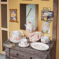 Japanse vintage cartoon porseleinen ecologische feesttafelgerei met reliëf, schattig konijn, koffiekopje, meisjeshart, handgeschilderd bord