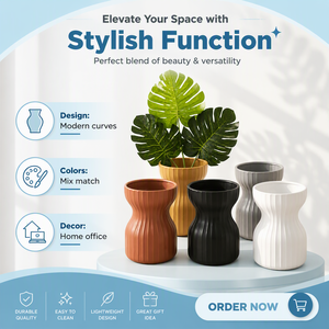 Collezione di Vasi in Ceramica Scanalata a Forma di Clessidra, Finitura Opaca, Sei Tonalità, Decorazione da Tavolo Scultorea con Foglia di Monstera - Product Image 2