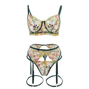 Floral Embroidery Lingerie 3 Pieces <b>Set</b> Women Sheer Mesh Underwire Bra Garter Belt Thong <b>Sexy</b> Intimate Lingerie Suit Wholesale - Product Image 6