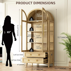 Vitrina Moderna de <span class=keywords><strong>Madera</strong></span> Arqueada de 71 Pulgadas con Puertas de Vidrio, 2 Estantes y 2 Cajones para Sala de Estar y Uso en Hoteles - Product Image 2