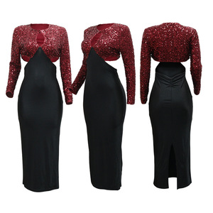 Robe longue de soirée moulante à sequins contrastants et découpes pour femme, manches longues, tendance - Product Image 4