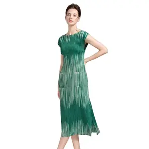 2020 yaz yeni avrupa o boyun kısa kollu nane renk MIDI elbise şerit Miyake issey Miyake ruffled elbise