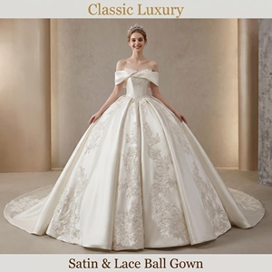 <span class=keywords><strong>Robe</strong></span> <span class=keywords><strong>de</strong></span> mariée vintage style palais en satin ivoire à épaules dénudées avec appliques en dentelle et longue traîne <span class=keywords><strong>pour</strong></span> <span class=keywords><strong>cérémonie</strong></span> <span class=keywords><strong>de</strong></span> <span class=keywords><strong>mariage</strong></span> - Product Image 1