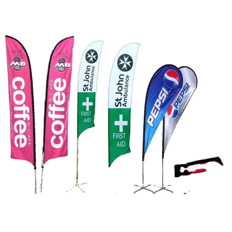 Evenement Outdoor Custom Logo Afdrukken Reclame Mes Vorm Strandvlag Vliegende Veren Vlag Banner