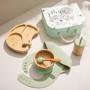 5PCS Children's Elephant Bamboo Feeding Set Baby Bamboo Suction Plate Bowl and Spoon Set