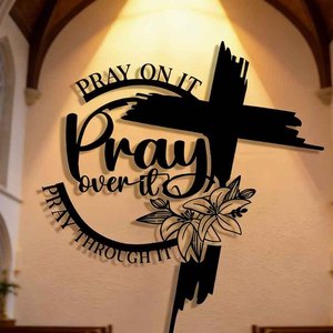 Decorazione da <span class=keywords><strong>parete</strong></span> in metallo con croce in stile Art Déco personalizzata 'Pray on IT Pray Over IT Pray Through IT' - Arte della fede cristiana per la casa e la chiesa - Product Image 3