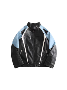 New Men's Sheep Skin Color-Block Windproof <b>Jacket</b> Students Winter Stand Rabbit Zipper Hip Hop Featuring Front Motorcycle <b>Racing</b> - Product Image 2