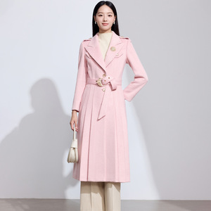 Womens Mid Length Wool Coat Over The Knee Solid Color Slim Fit Warm With Belt - Product Image 2