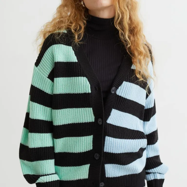 2023 Design Fall Winter Fashion Soft Knit Blue and Green Cardigan Striped Loose Ladies Sweater With Black Stripes