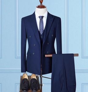 Traje de Caballero de estilo británico para hombres jóvenes de negocios informal de Color sólido de doble botonadura traje de tres piezas Blazer + Pantalones + chaleco - Product Image 5