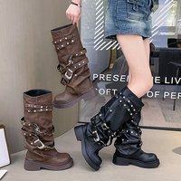 Nouvelles Bottes en Jean Hiver Automne 2026 pour Femmes, Rétro Marron avec Boutons, Bout Rond, Montantes au Genou