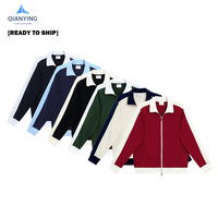 Preppy 380gsm Tri-mélange contraste couleur Double fermeture éclair col montant sweat tricoté Cardigan transfert de chaleur broderie veste