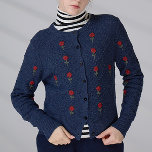 Knitwear Manufacturers OEM 100% Wool Sweater Knitted Women Cardigan with Embroidered <b>Flowers</b> - Product Image 3