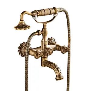 European Style Antique Bath Tub Faucet Set Wall Mount Brass Vintage Shower Mixer Tap with Ceramic Handle