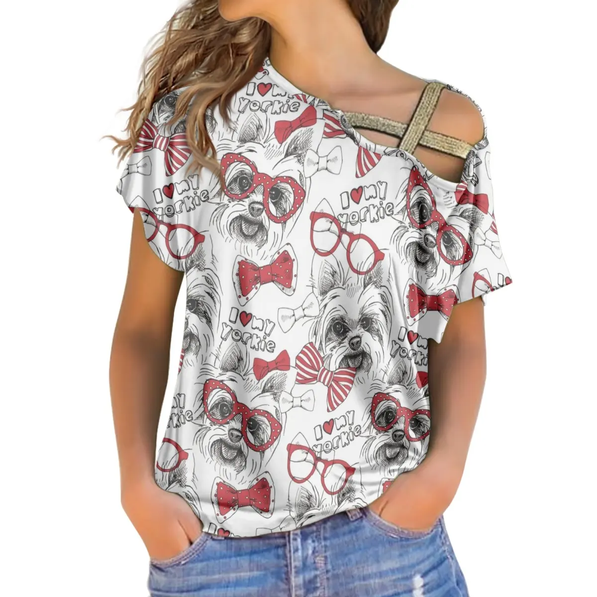 Causal Wear Island Clothing Yorkshire Terrier Pattern Printed Custom Skew Collar Off the Shoulder Blouse Women's Tops Wholesale