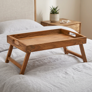 Table de lit en bois avec pieds |   Plateau de petit-déjeuner artisanal, design moderne du milieu du siècle, 60x40x25cm, usage décoratif, vente en gros - Product Image 2