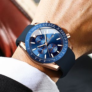 Binbond Men's Chronograph Watch Blue Dial Rose Gold Case Waterproof 30M Stainless Steel Strap Quartz Watch - Product Image 2