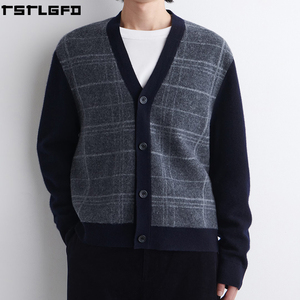 Cut And Sew Checked Wool V Neck <b>Cardigan</b> Men Charcoal Windowpane <b>Navy</b> Trim Streetwear Men'S Sweaters Manufacturers Bulk - Product Image 1