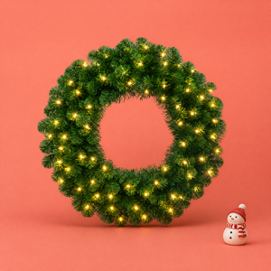 Couronne de Noël pré-éclairée de 24 pouces en <span class=keywords><strong>sapin</strong></span> d'Oregon, 220 aiguilles, verte, artificielle, <span class=keywords><strong>LED</strong></span> blanc chaud, décoration de fêtes, lot de 6, vente au détail, usine OEM - Product Image 1