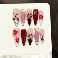 Design # 2927 Faux Ongles Longs de Luxe pour Femmes, Stiletto, Fleurs 3D en Gel, Cerises Mignonnes, à Presser, Faits Main, 10 Pièces, Ongles Français Artificiels
