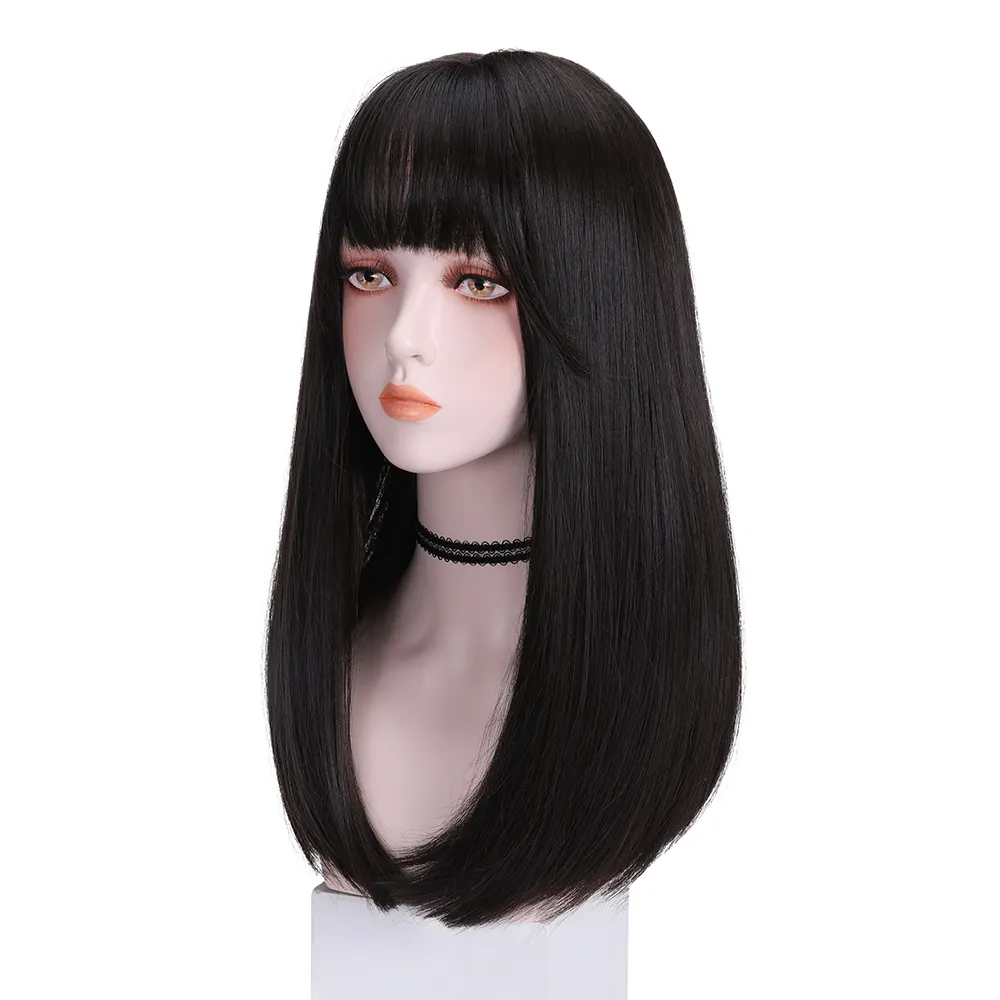 24inches Cosplay Long Straight Black Synthetic Wigs with Bangs for Women African American Daily Party Heat Resistant Fibre