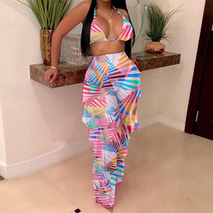 ODM femmes Tie-dye maillots de bain maille trois pièces tenues maillot de bain haut court à volants pantalons longs maillot de bain maillot de bain Biquini - Product Image 3