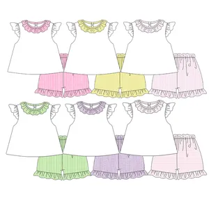 boutique baby girls shorts set seersucker summer cotton ruffle kids toddler girls clothing set